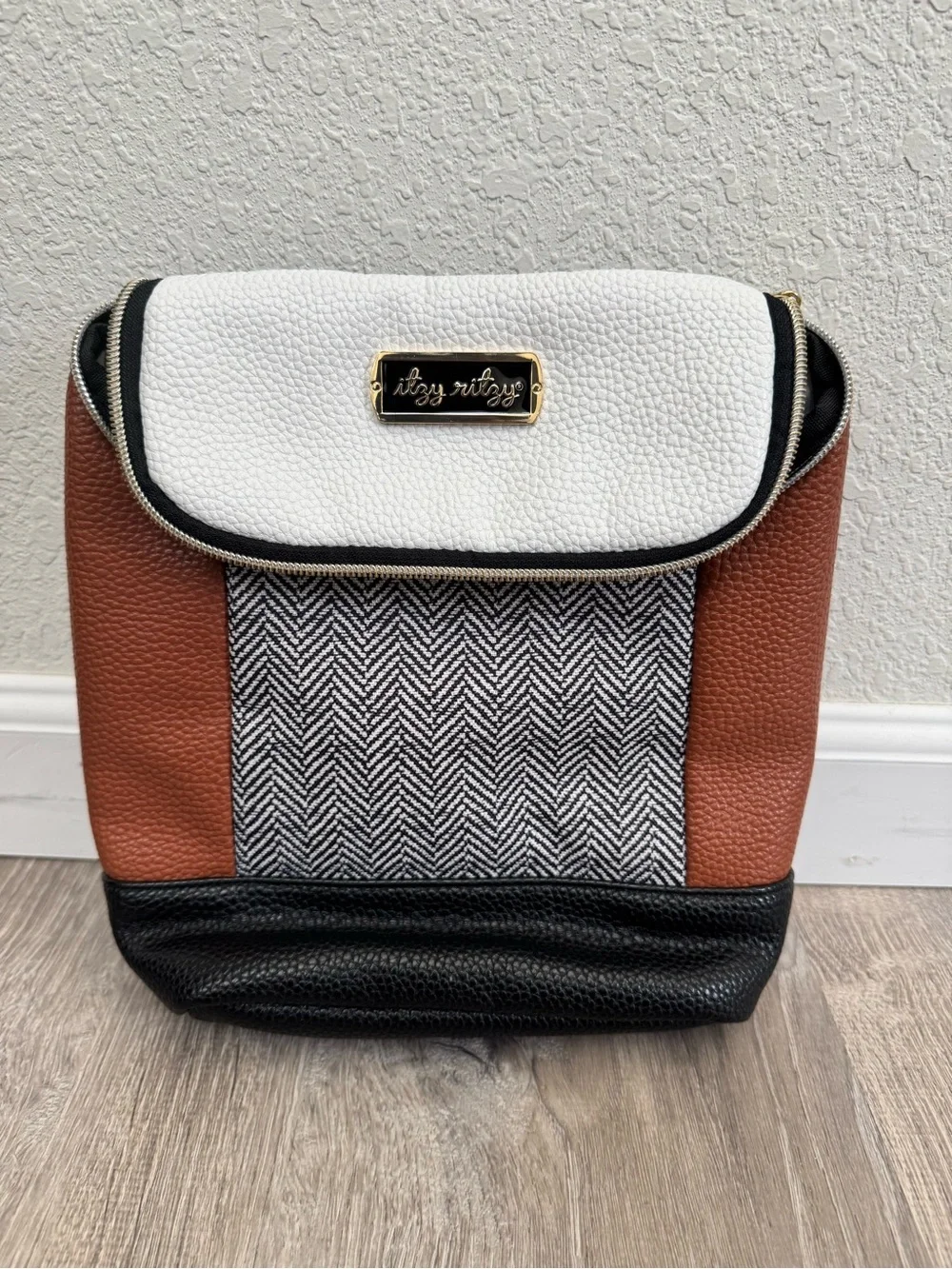 Itzy Ritzy Black White Brown Herringbone Diaper Backpack Set
